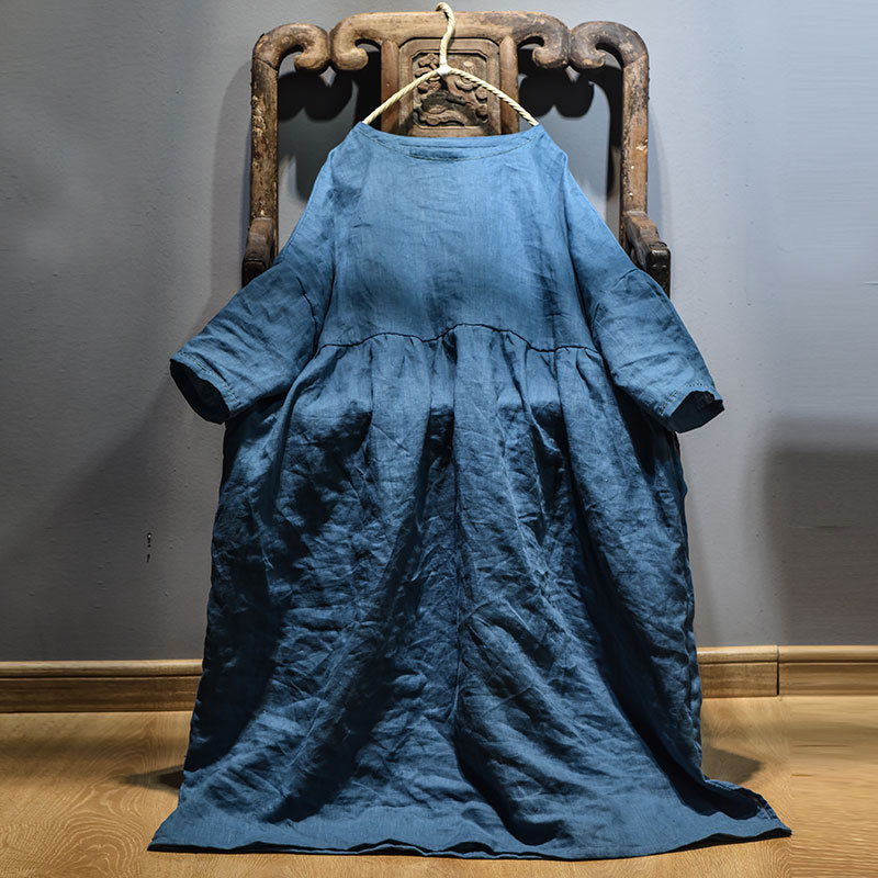 Original Linen Round Neck Embroidery Thread 34 Sleeve Swing Dress