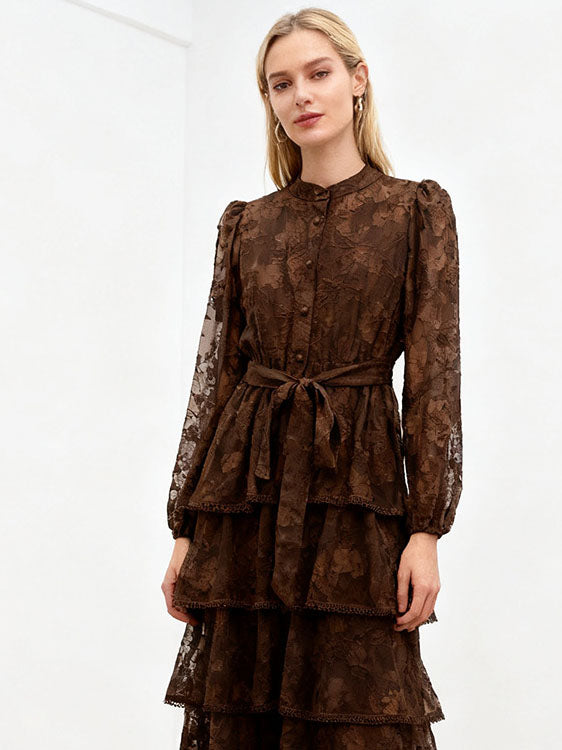 Round Neck Long Sleeve Lace Embroidered Long Cake Dress