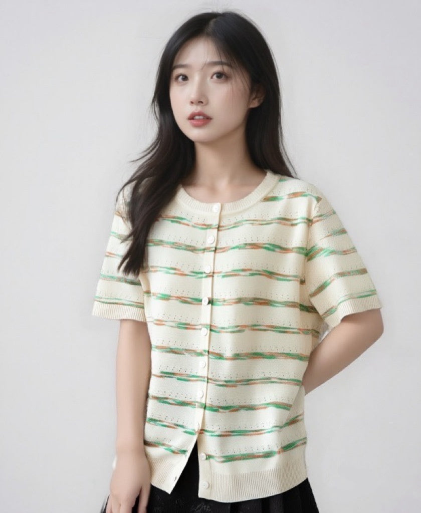 Womens French Chanel-style Striped Ice Silk Knit Top With Short Sleeves