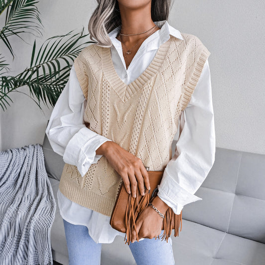 European & American Hollow Out Cable Knit V-Neck Sleeveless Sweater