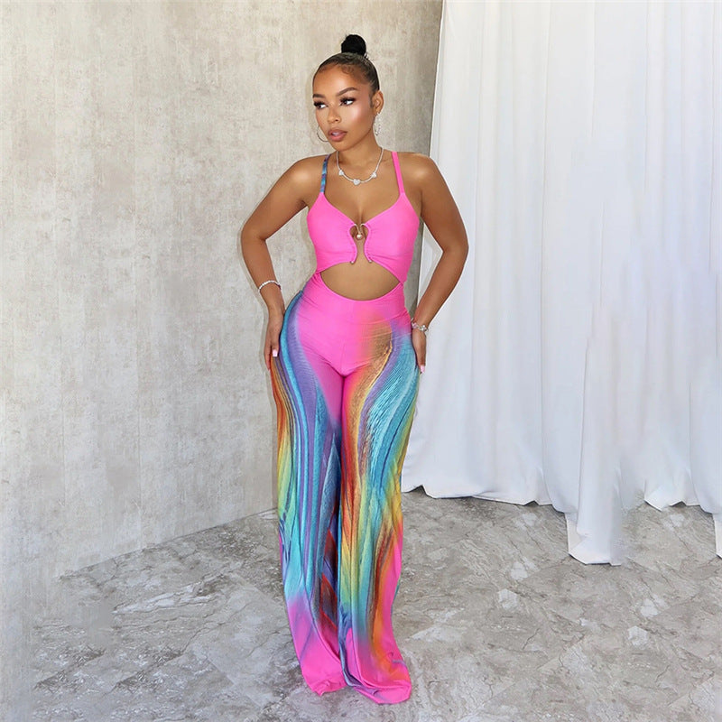 Sommer Ny Sexet Tætsiddende Rygløs Kontrastfarvet Lavtskåret Sling High Waist Jumpsuit