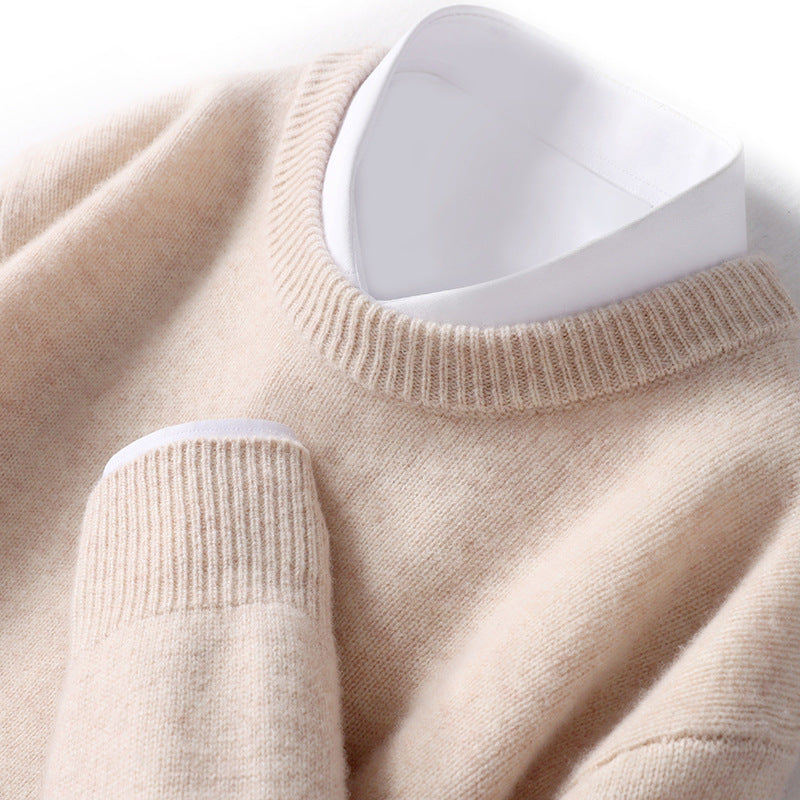 Mænds tykke pullover fåreuldssweater løs rundhals ensfarvet sweater