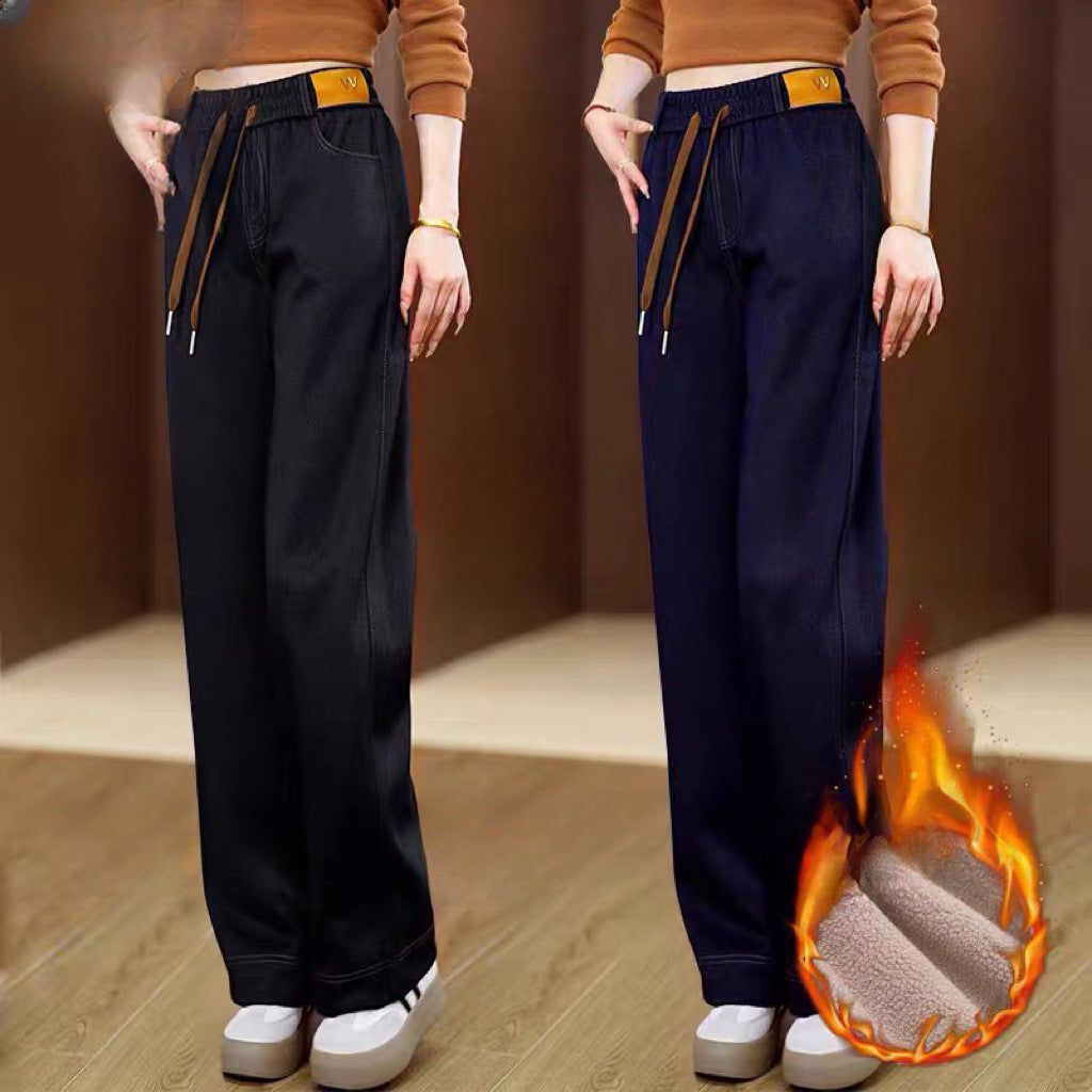 New Fleece-Lined High-Waist Straight-Leg Denim Wide-Leg Pants