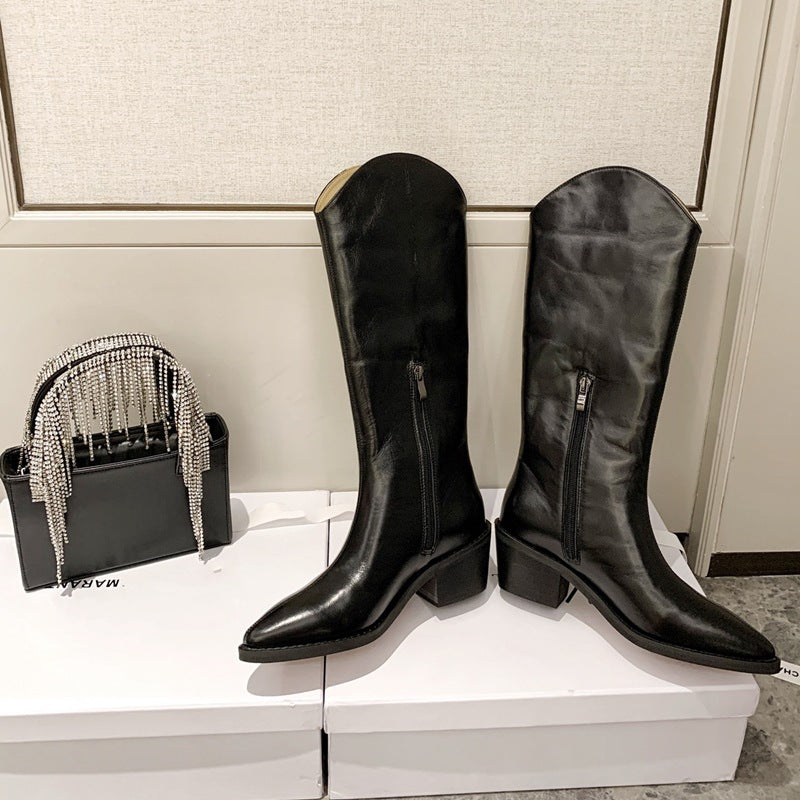 V-mouth Leather Thick Heel Western Cowboy Boots Pointed Toe Long Barrel