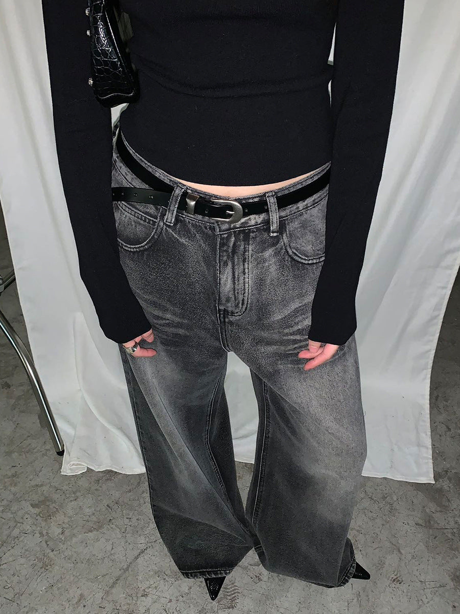 Gamle retro-vaskede højtaljede casual jeans med brede ben