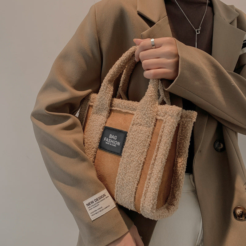 Dame Håndtaske Skuldertaske Crossbody Taske i Lammeuld med Farvekontrast