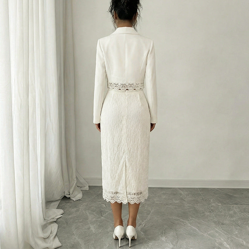 Elegant Lace-trimmed Petite Jacket And Lace Skirt Two-piece Set