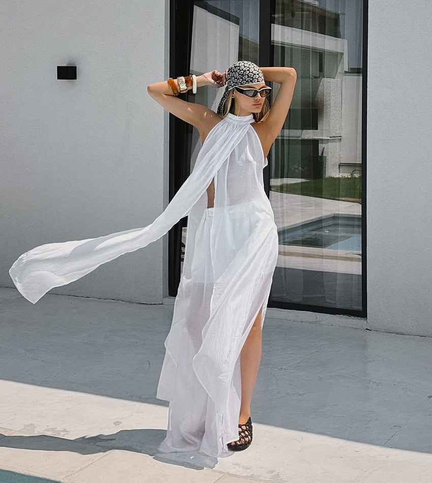 White Tencel Sleeveless Halter Neck Long Vest And Trousers Two-piece Set