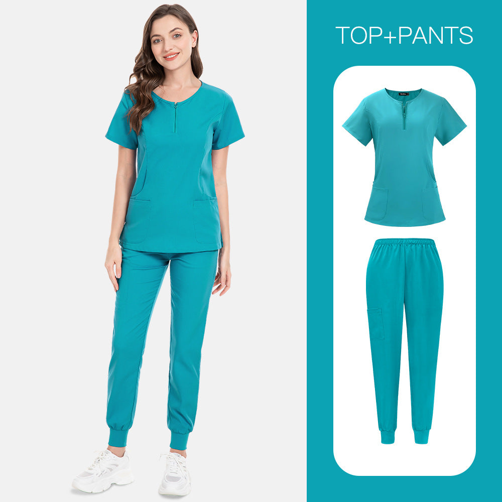 Zip-front Half-zip Collar Scrub Cream Set With Long Pants