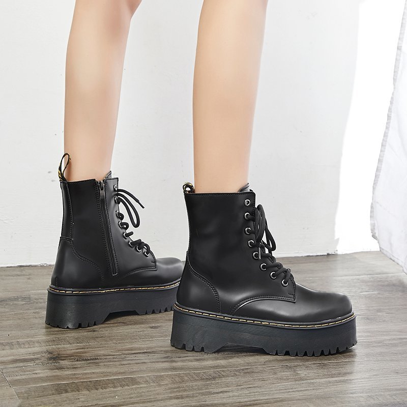 Women's Thick-heel Non-slip Single Boots With Round Toe Front Tie