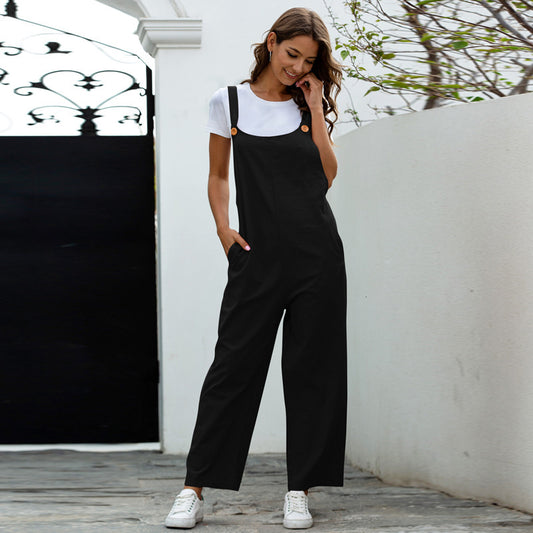 Women's Casual Long Overalls Loose Straight Bib Pants Fashion Jumpsuit With Pockets