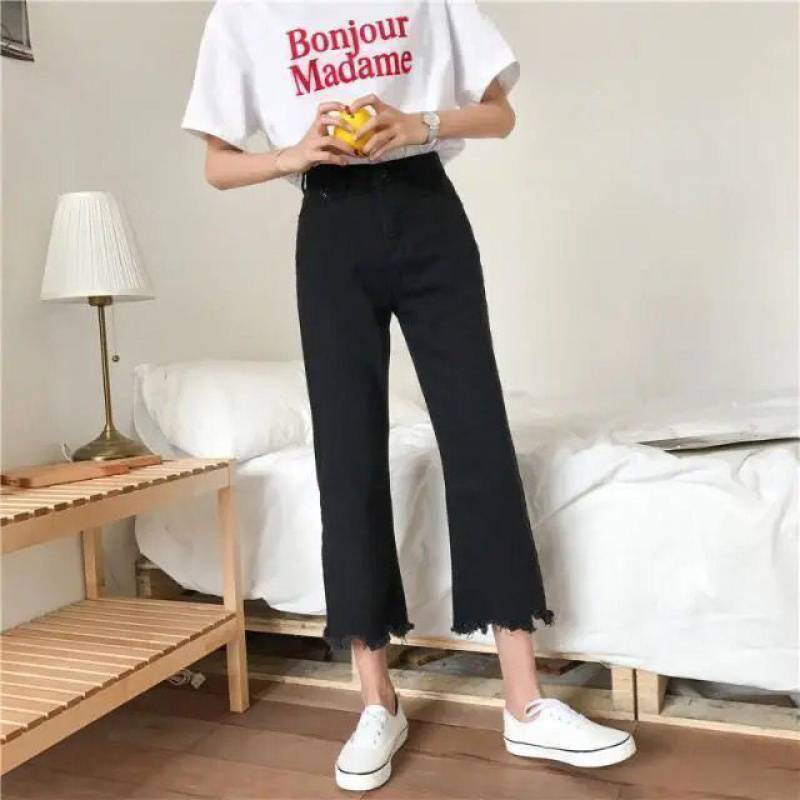 Women's Black Slit Jeans Women's High Waist Slim Fit Ripped Trousers