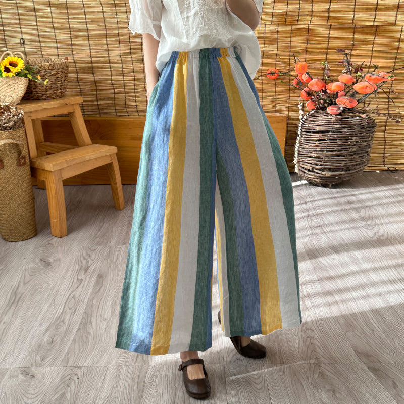 Colorful Stripes Linen Wide-leg Pants Drape Spring And Summer New Large Size Cotton Linen Pants Loose Color Matching
