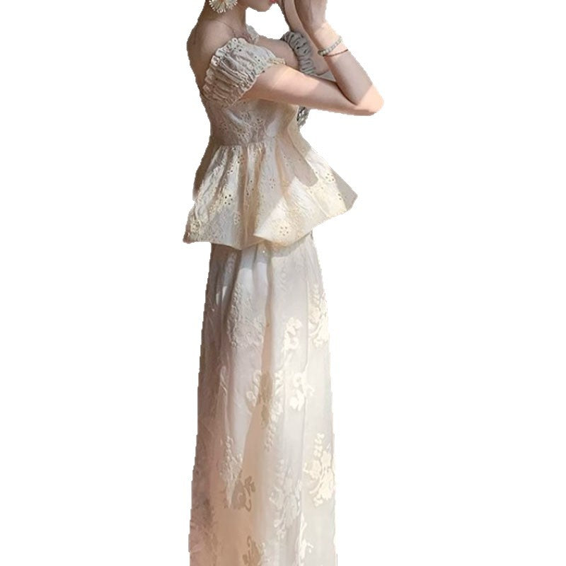 Strap Short-sleeve Top Loose Embroidered Wide-leg Pants For Women