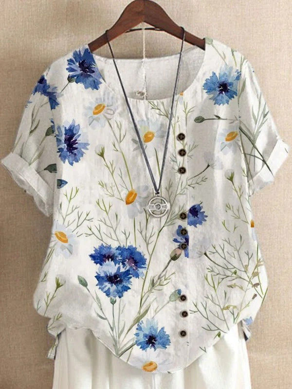 Retro Cotton And Linen Printed Loose Casual Shirt Short-sleeved T-shirt For Women