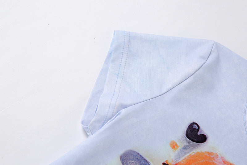 White Butterfly Print Round Neck Slim Fit
