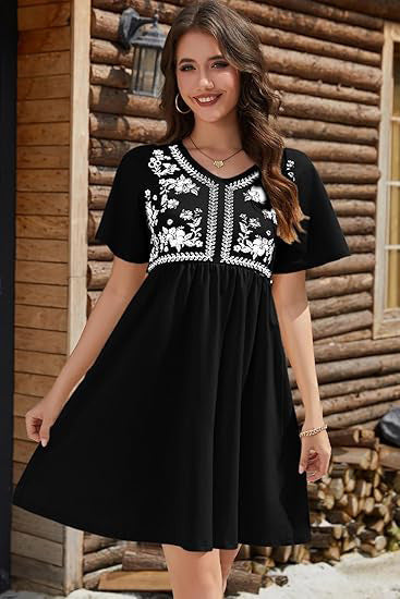 Casual Loose V-Neck Printed Defined-Waist Short-Sleeve Womens Dress