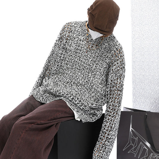 American Show Mixed Color Design Hollow Long Sleeve Sweater