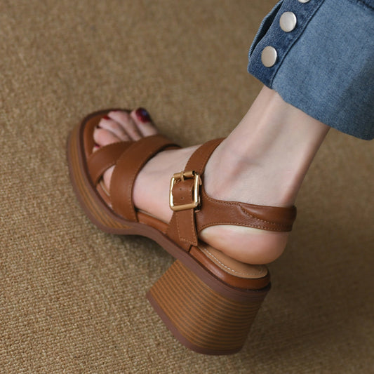 Cross Strap Sandals Women's Mid Heel Summer Platform Open Toe Chunky Heel Roman Shoes