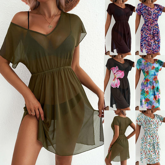 Womens Short-Sleeve Waist-Cinching Mesh Dress