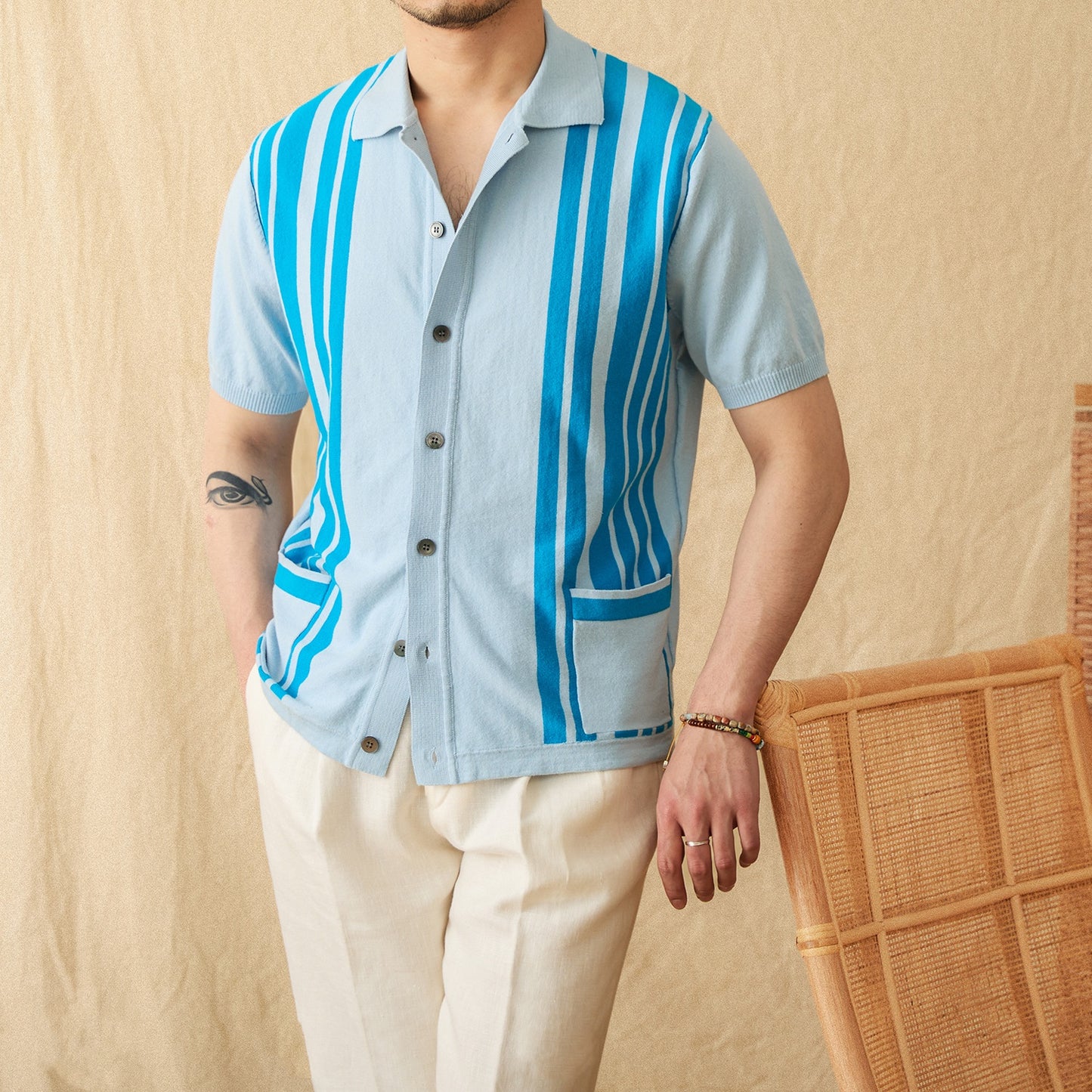 Cotton Striped Breathable Short-sleeved Knitted Cardigan Polo Shirt