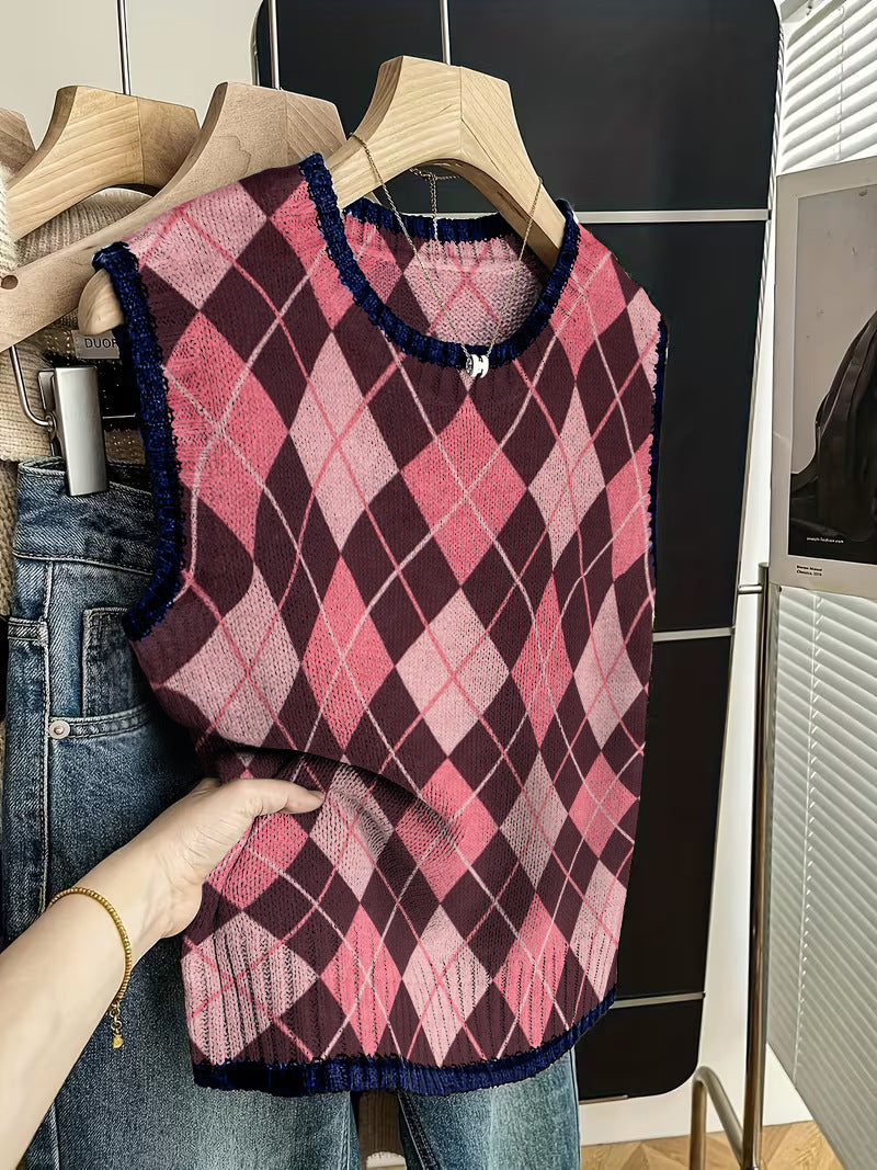 Sleeveless Vest For Women Early Spring Retro Color-block Knit