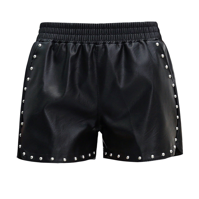 Thin Large Size Loose High Waist Rivet PU Leather Pants