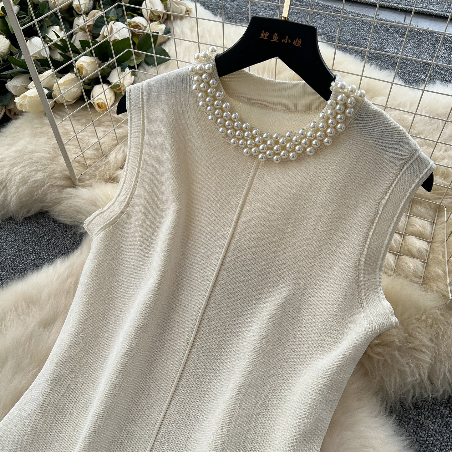 Beaded Crew Neck Sleeveless Flattering Knit Dress For Women In A Color Block Design