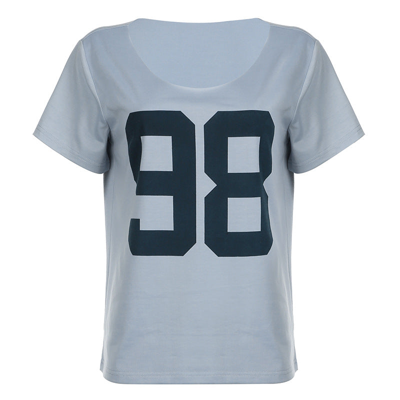 Retro Digital Printed Loose Scoop Short Sleeve Top