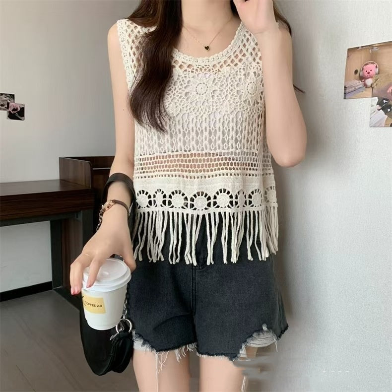 Women's Tassel Age-reducing Chiffon Patchwork Lace V-neck Shirt