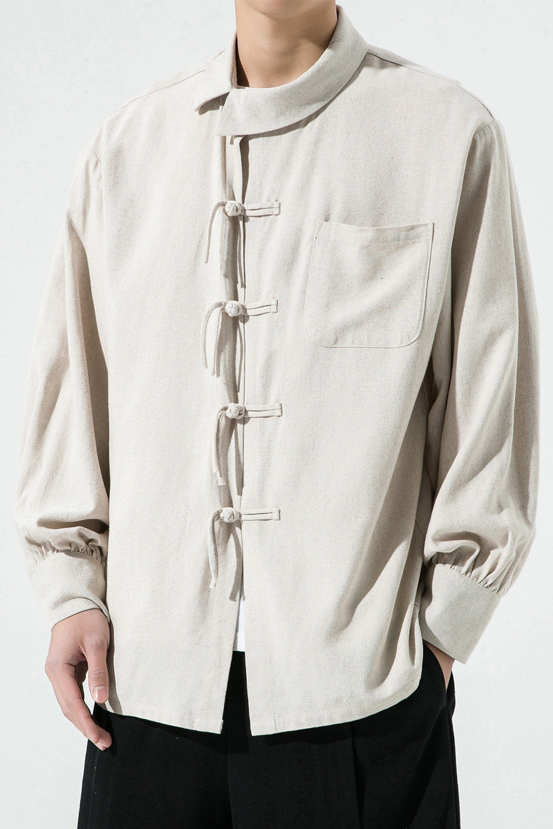 Vintage Linen Men's Casual Long-sleeved Shirt Oversized Frog Button Hanfu