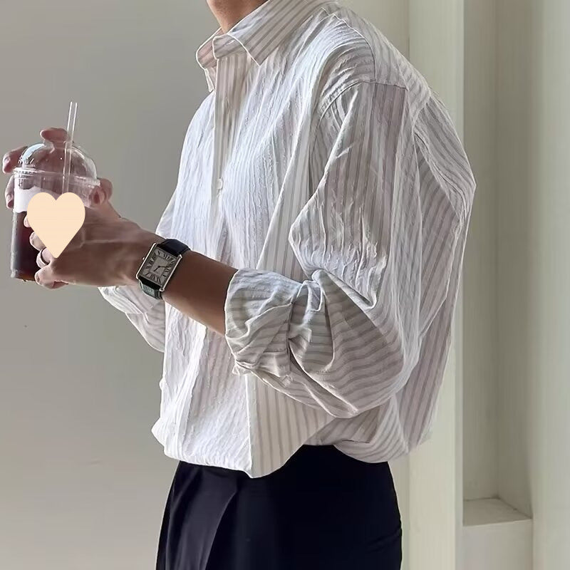 Men's Casual Loose-Fit Long-Sleeve Vertical-Striped Shirt