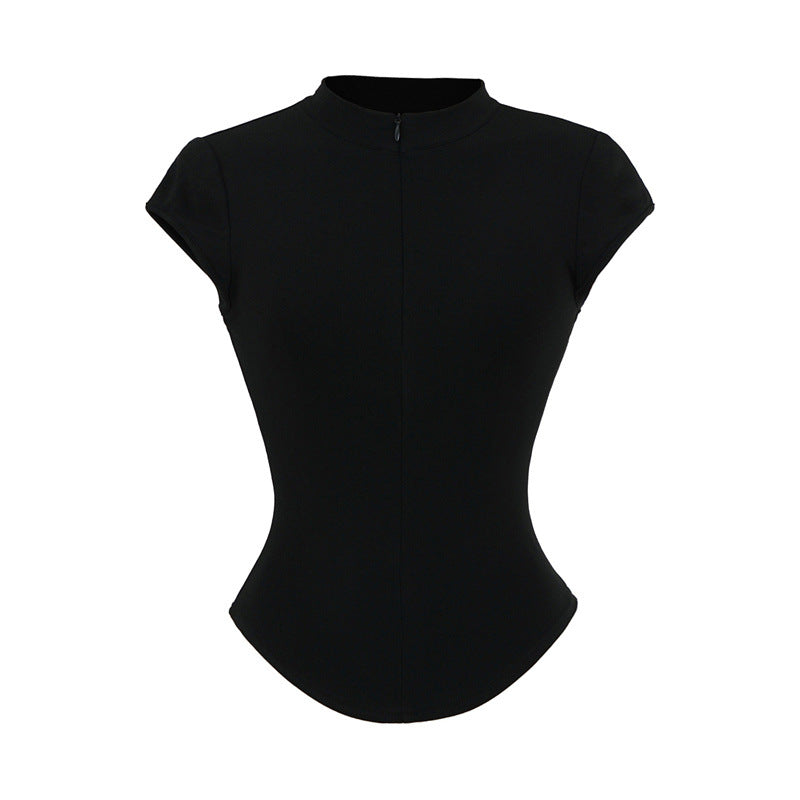 Round Neck Zipper Short Sleeved T-shirt