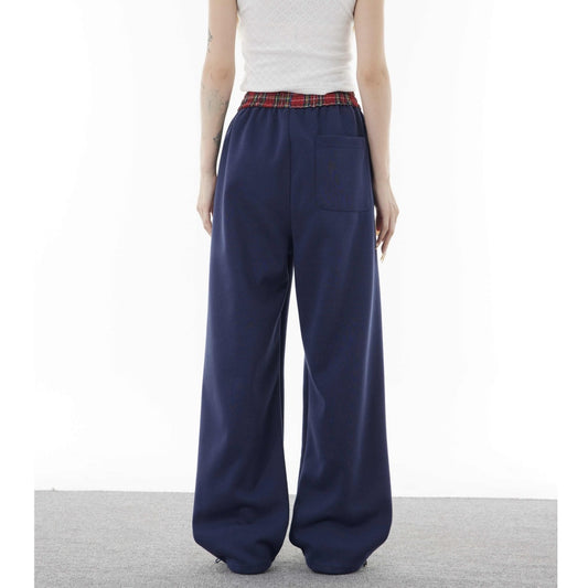 Double Waist Plaid Stitching Fake Two-piece Casual Pants