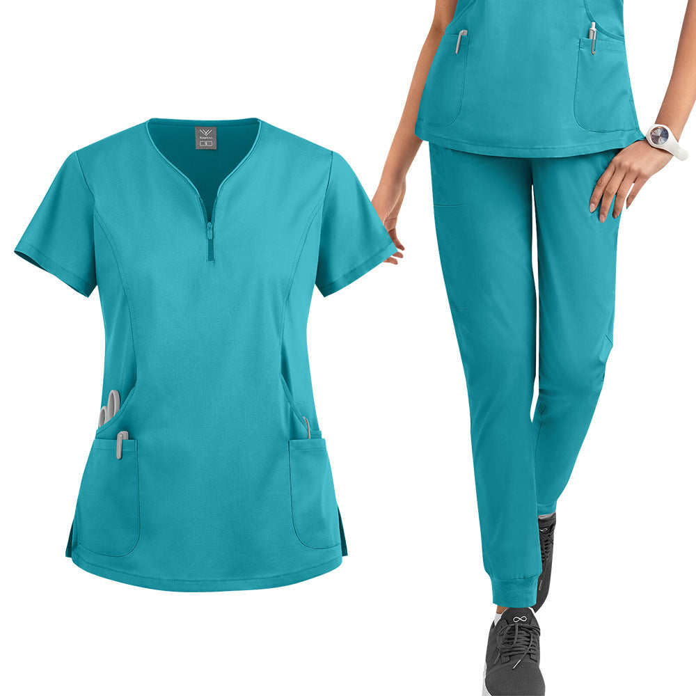 Zip-front Half-zip Collar Scrub Cream Set With Long Pants