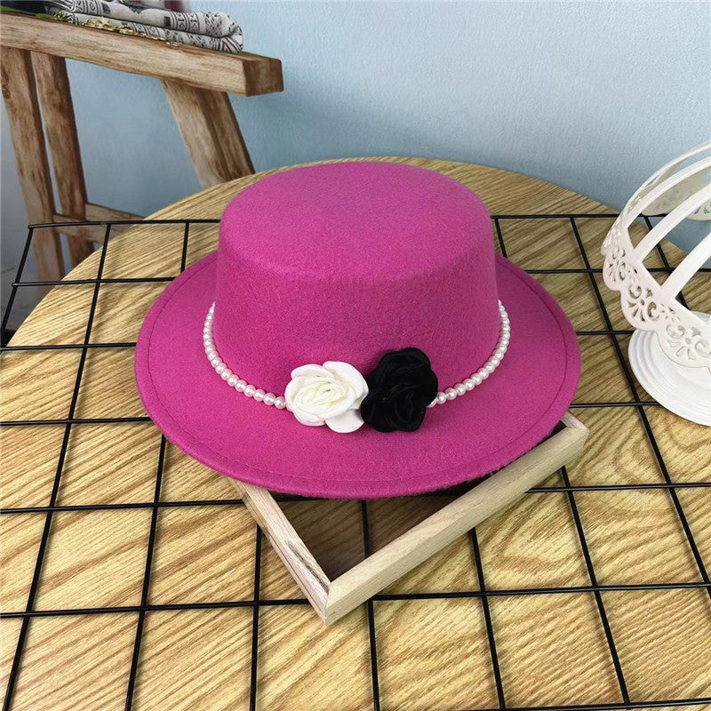 Vintage Hattedame Perlekæde Blomster Uld Flad Hat