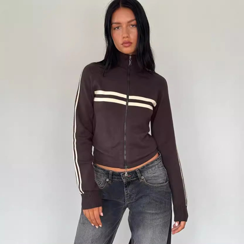 Striped Knitted Cardigan For Women Versatile Slimming Slim-fit Long Sleeve