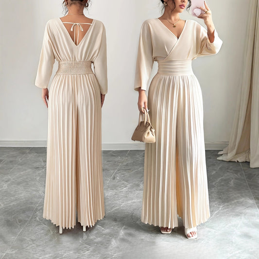 Stilfuld V-hals Højtaljet Ensfarvet Sexet Plisseret Jumpsuit
