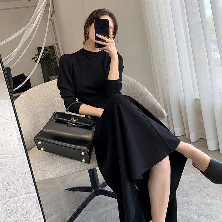 Womens Solid-Color Casual Long-Sleeve Swing Dress