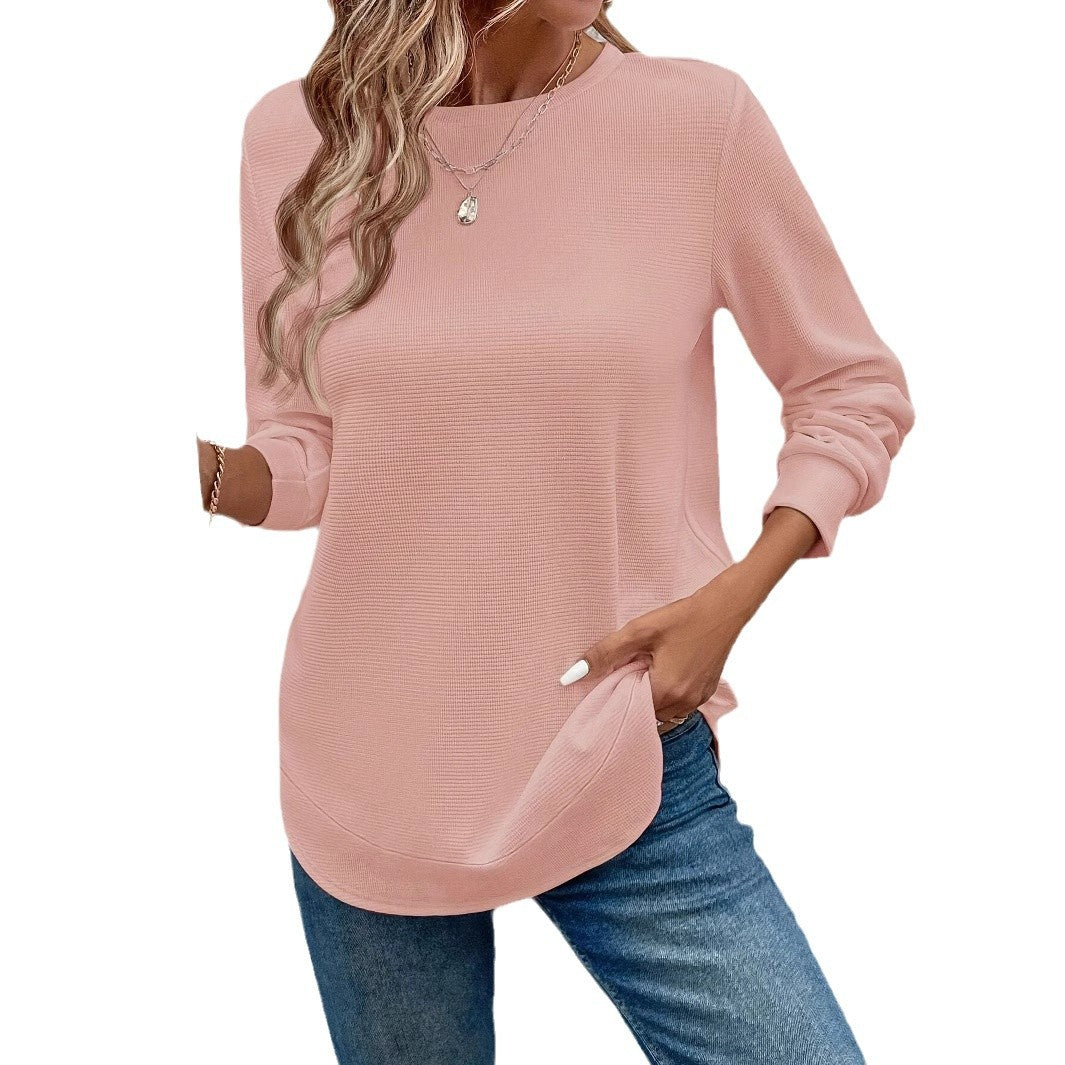 Round Neck Long Sleeve Solid Color Top Waffle T-shirt For Women
