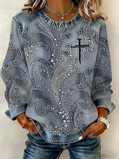 Retro Loose-fitting Pullover With A Printed Crew Neck