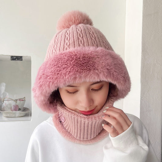 Twist Stripes Knitted Hat Scarf One-piece Fleece-lined Kit