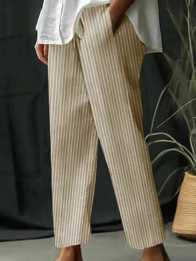 Casual Homewear Pants New Striped Solid Color Cotton And Linen Loose Trousers