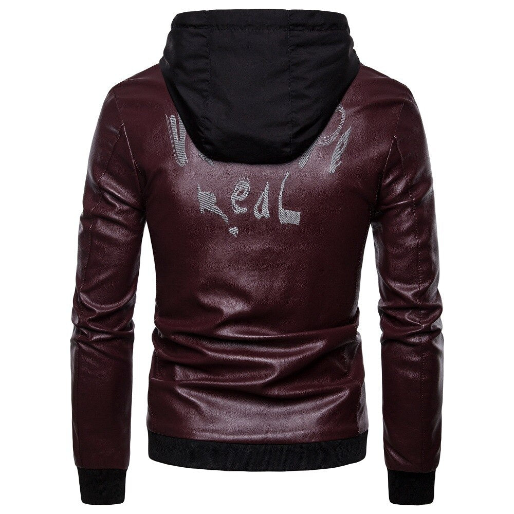 Men's British fashion hooded leather coat