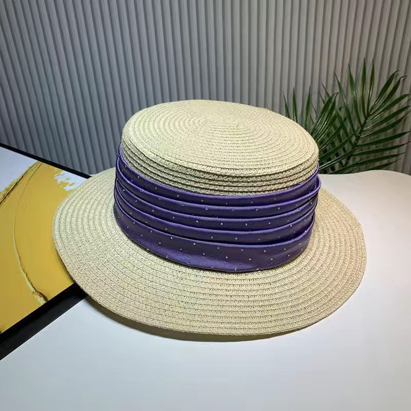 Spring And Summer Short Brim Satin Rhinestone Straw Flat Top Hat Women