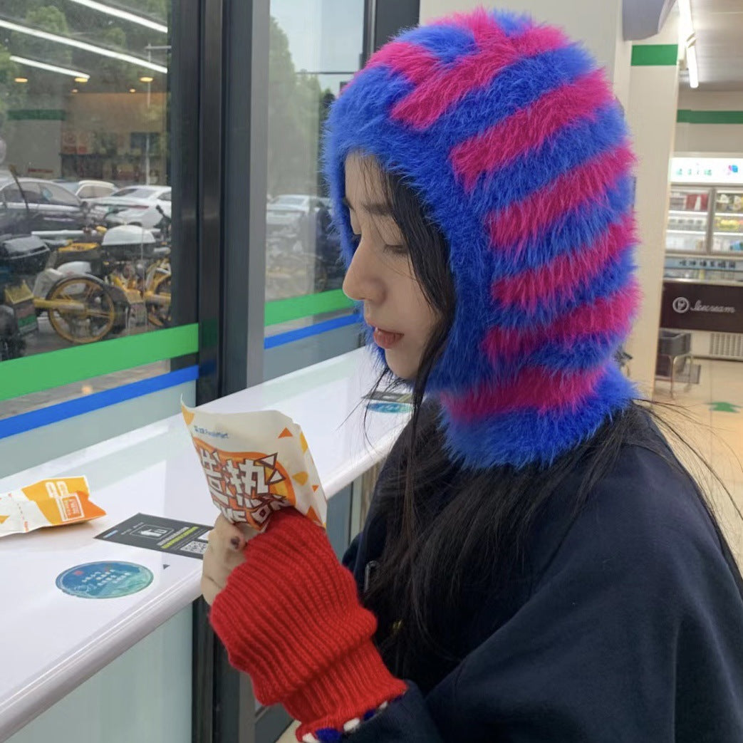 Striped Furry Contrast Color Knitted Woolen Cap