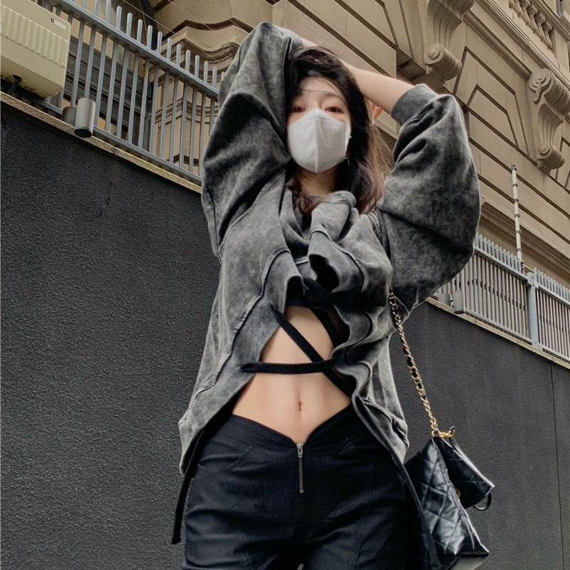 Women's Sloping Shoulder American Style Hollow Strap Loose Pullover