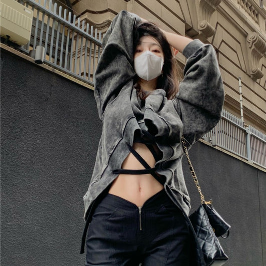 Women's Sloping Shoulder American Style Hollow Strap Loose Pullover