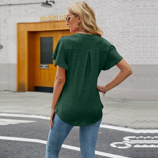 Women's V Neck Flying Sleeve Swallowtail T Shirt Short Sleeved Top
