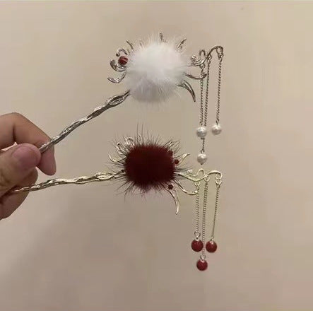 White Autumn And Winter Feather Pearl Tassel Hairpin